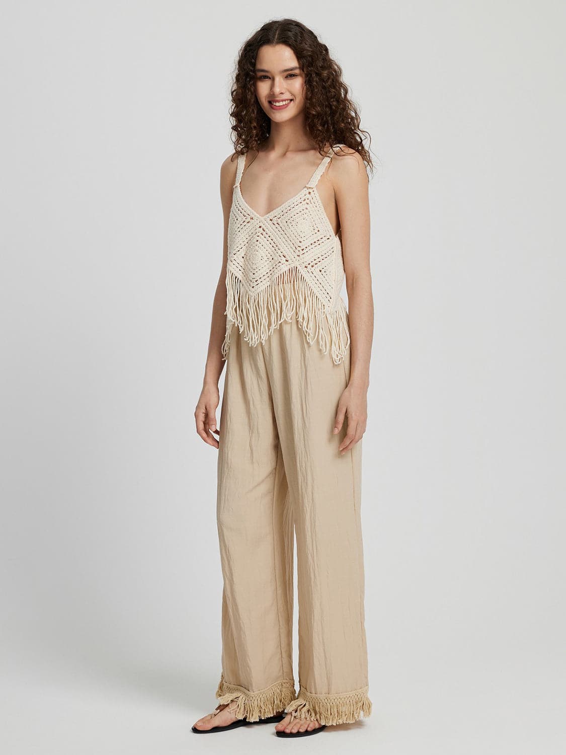 Fringe Hem Wide Leg Long Pants.