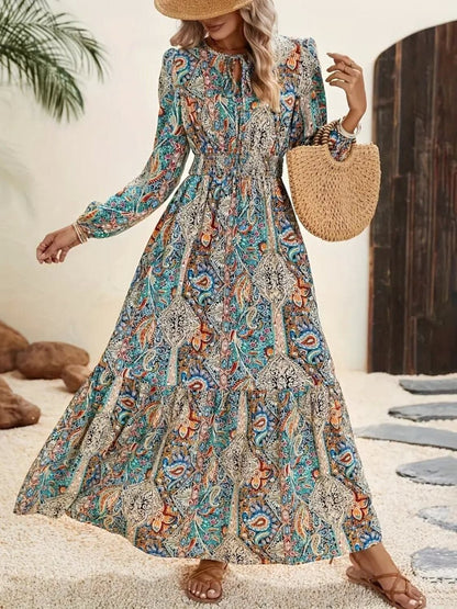 Floral-printed tie-neck long sleeve maxi dress