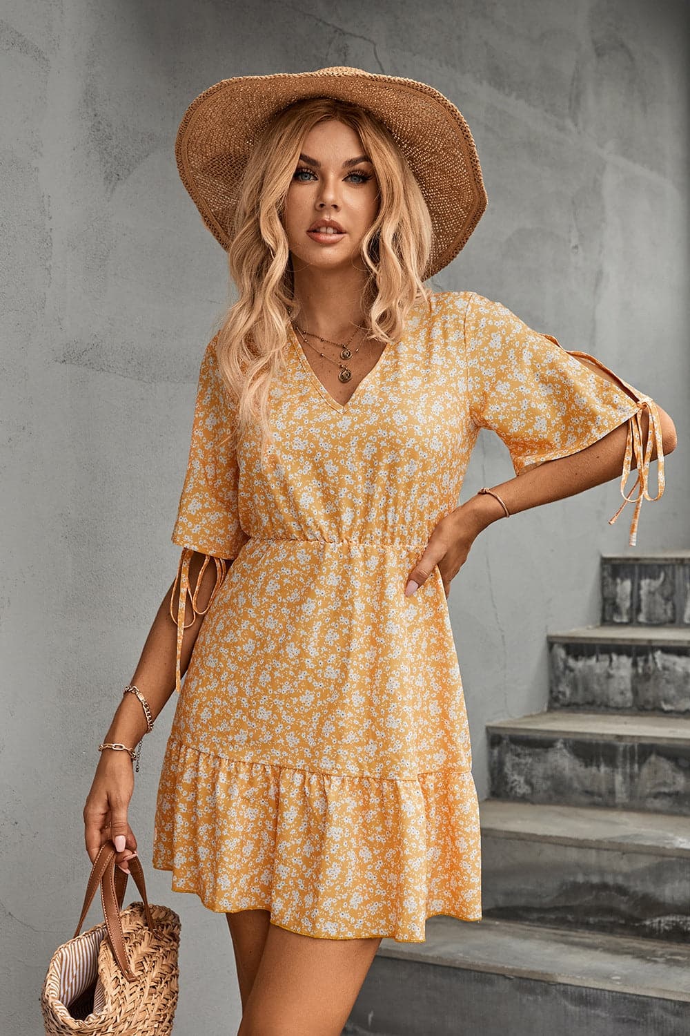 Ditsy Floral V-Neck Half Sleeve Mini Dress.