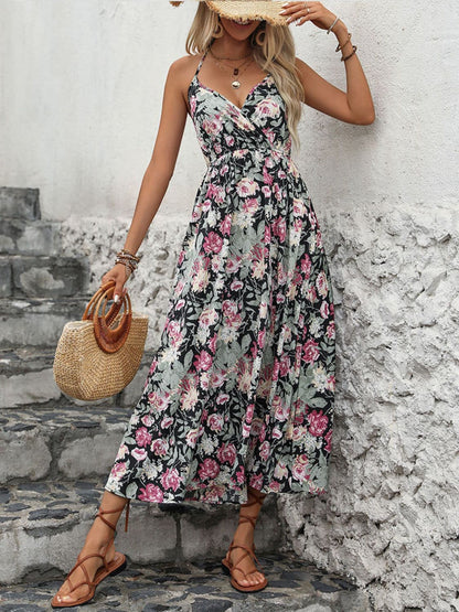 Smocked Printed Halter Neck Midi Dress.