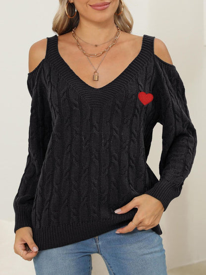 Cozy cable-knit heart v-neck sweater