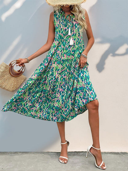 Tassel Printed Tie Neck Sleeveless Dress.