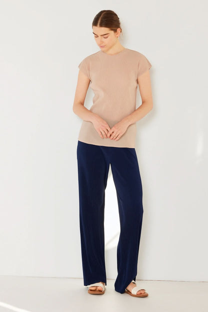 Ribbed Pleated Wide-Leg Trousers with Elastic Waist