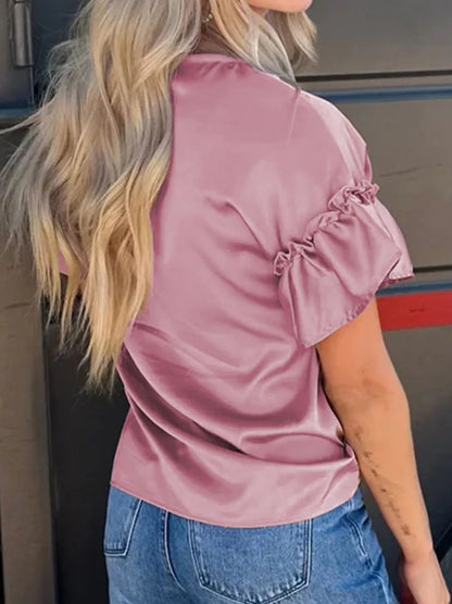 Toadstool Satin Ruffle Sleeve Top – Dusty Pink