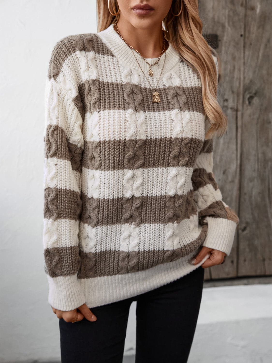 Classic striped long sleeve sweater with round neckline