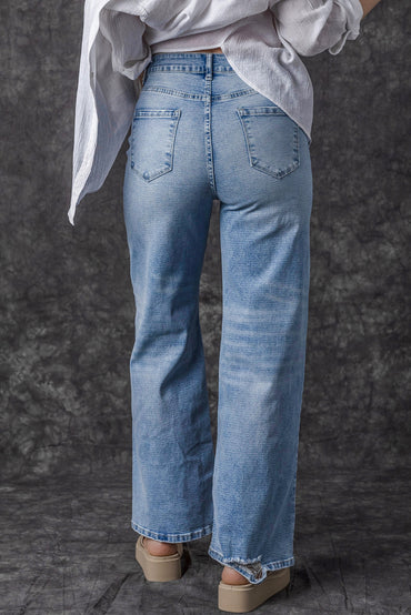 Chic light blue high rise distressed straight-leg denim