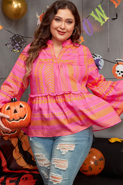 Chic geometric embroidered plus size bell sleeve babydoll blouse in vitality orange