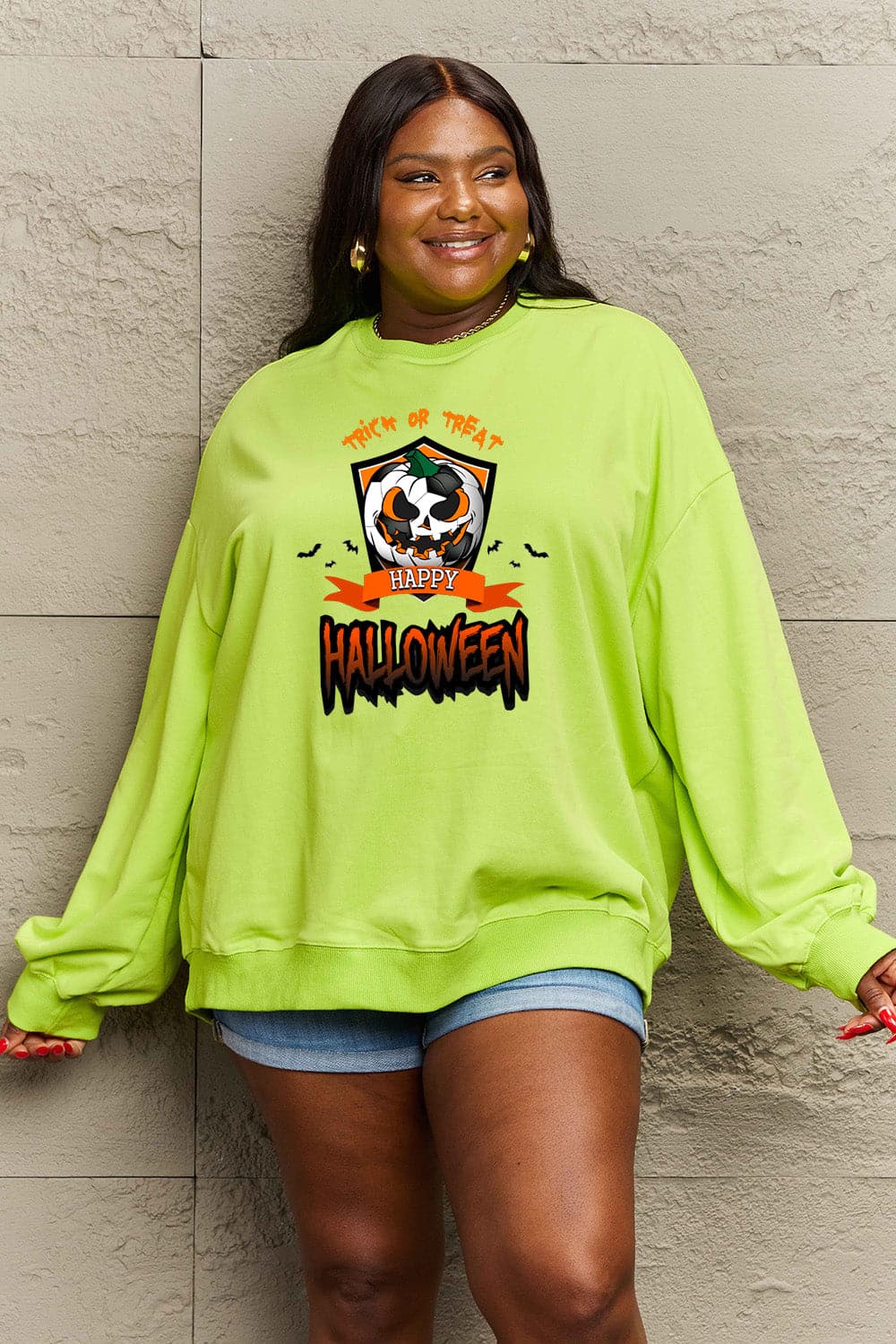 Simply Love Full Size TRICK OR TREAT HAPPY HALLOWEEN Graphic Sweatshirt.