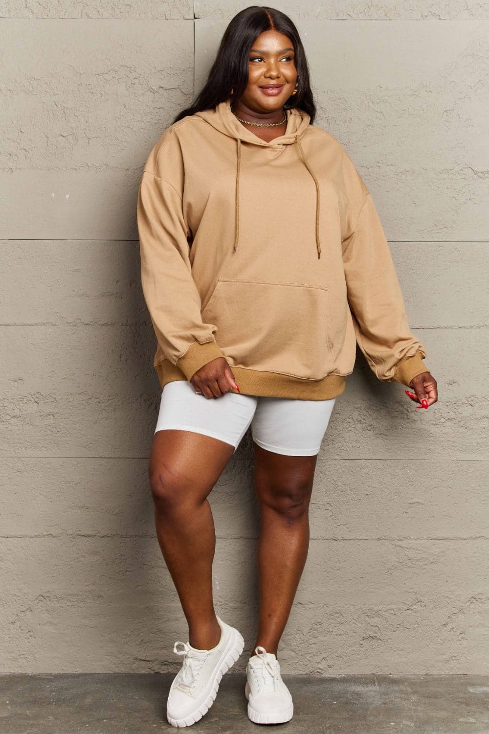 Chic long sleeve dropped shoulder hoodie with pockets