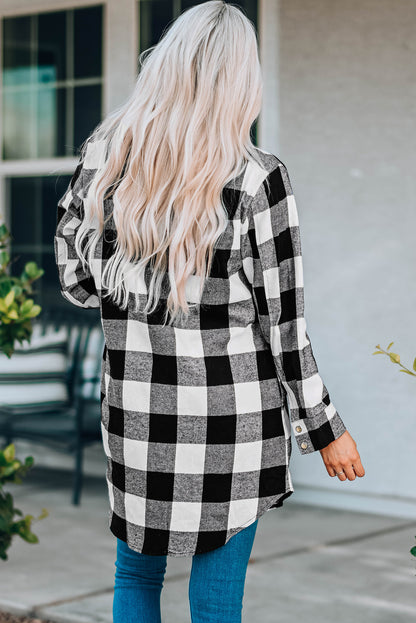 Black Turn-down Collar Plaid Shirt Coat