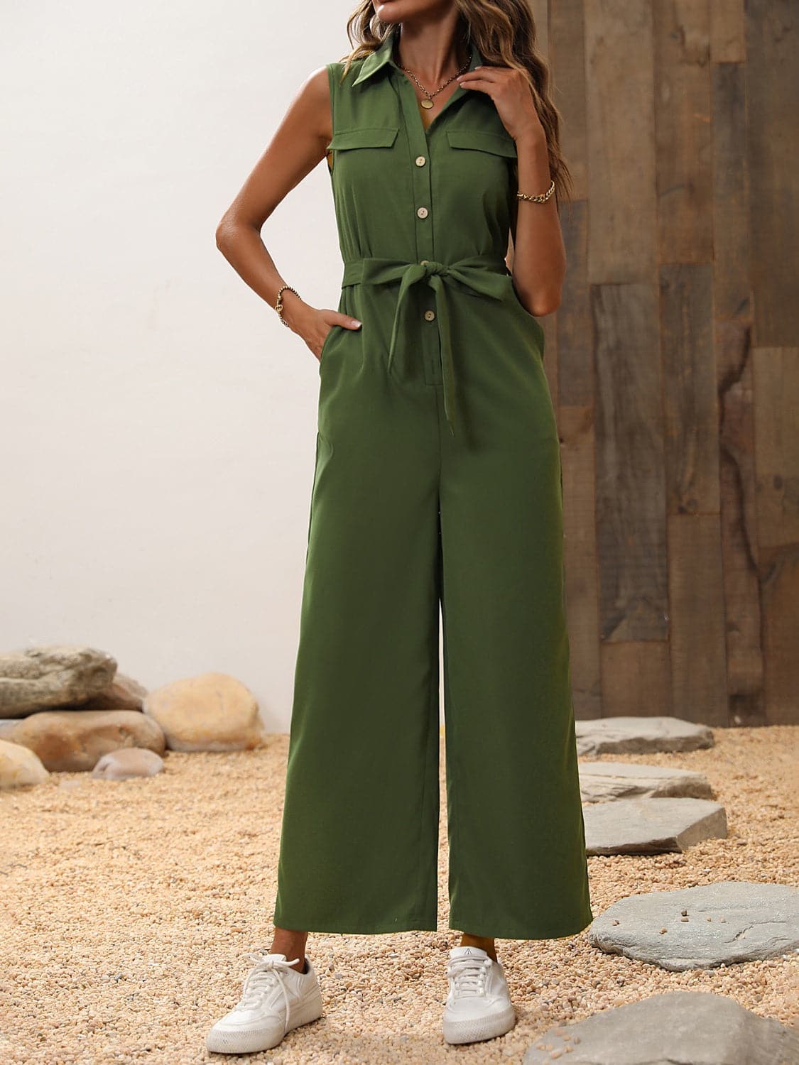 Tie Waist Sleeveless Wide Leg Jumpsuit.