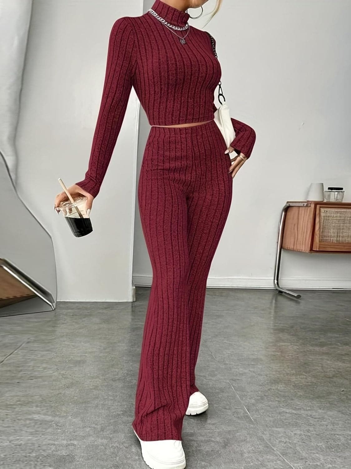 Ribbed Mock Neck Long Sleeve Top and Pants Set.