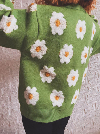 Flower Round Neck Long Sleeve Sweater.