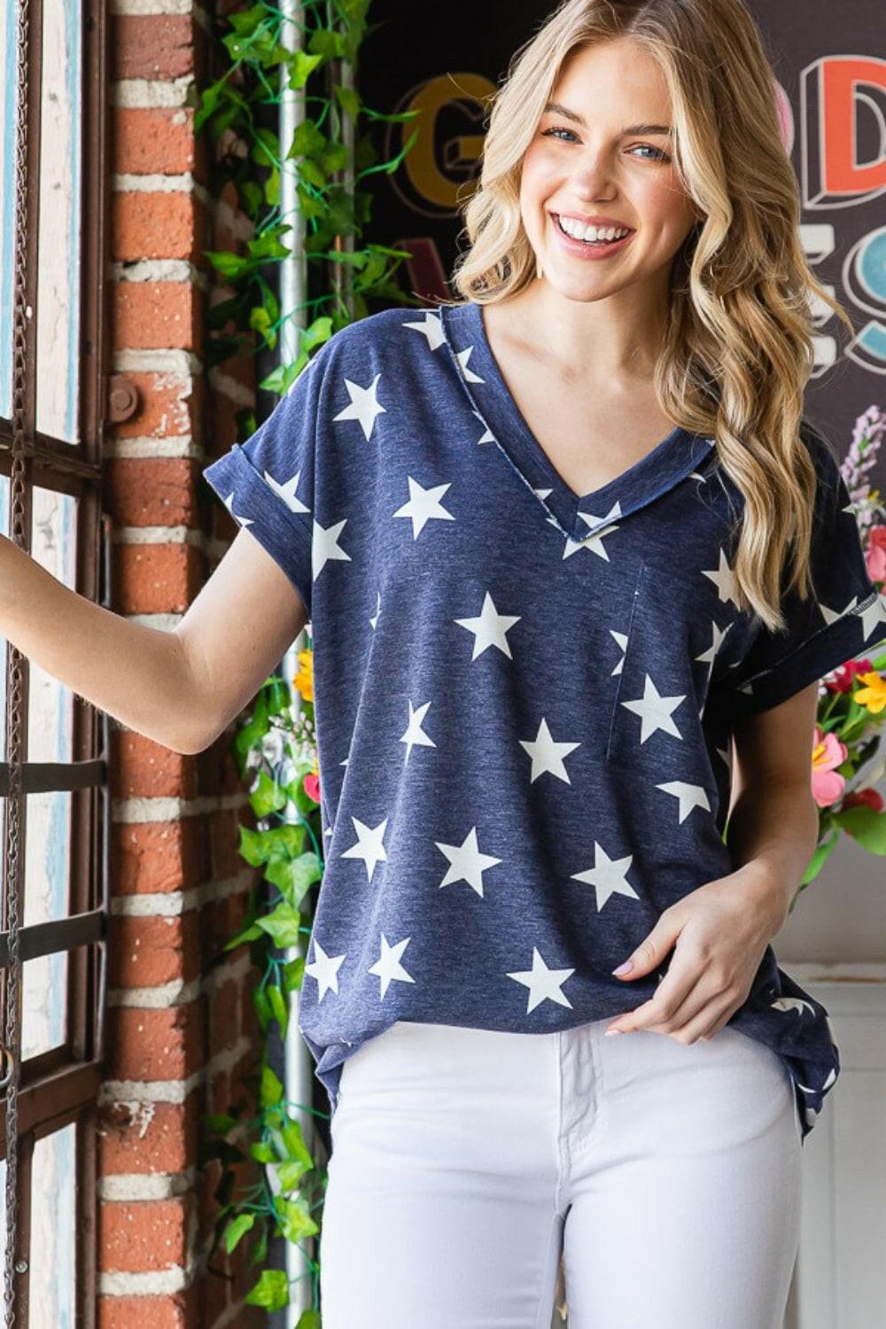 Heimish Full Size Star Print V-Neck Short Sleeve T-Shirt.