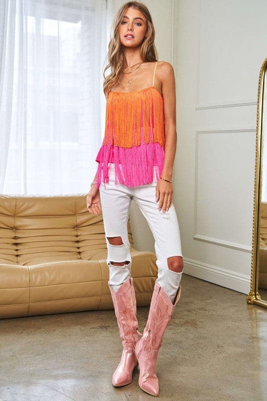 Fringe Overlay Cross Straps Party Cami Top.