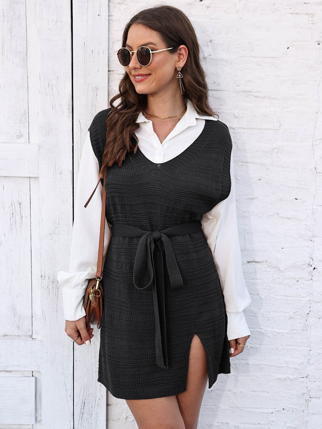 Tie Front V-Neck Sleeveless Slit Sweater Dress.