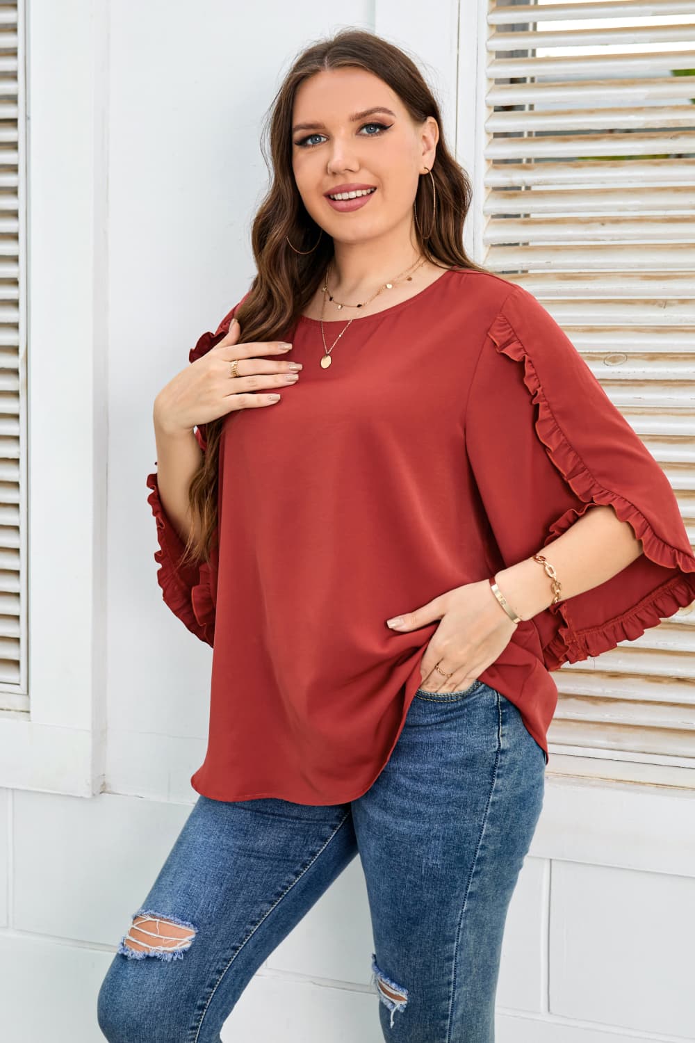 Plus Size Round Neck Frill Trim Blouse.