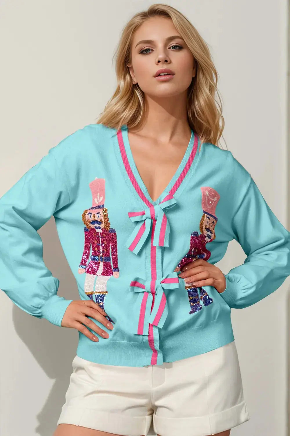 Double Take Full Size Nutcracker Sequin Bow Decor Cardigan - Love Salve