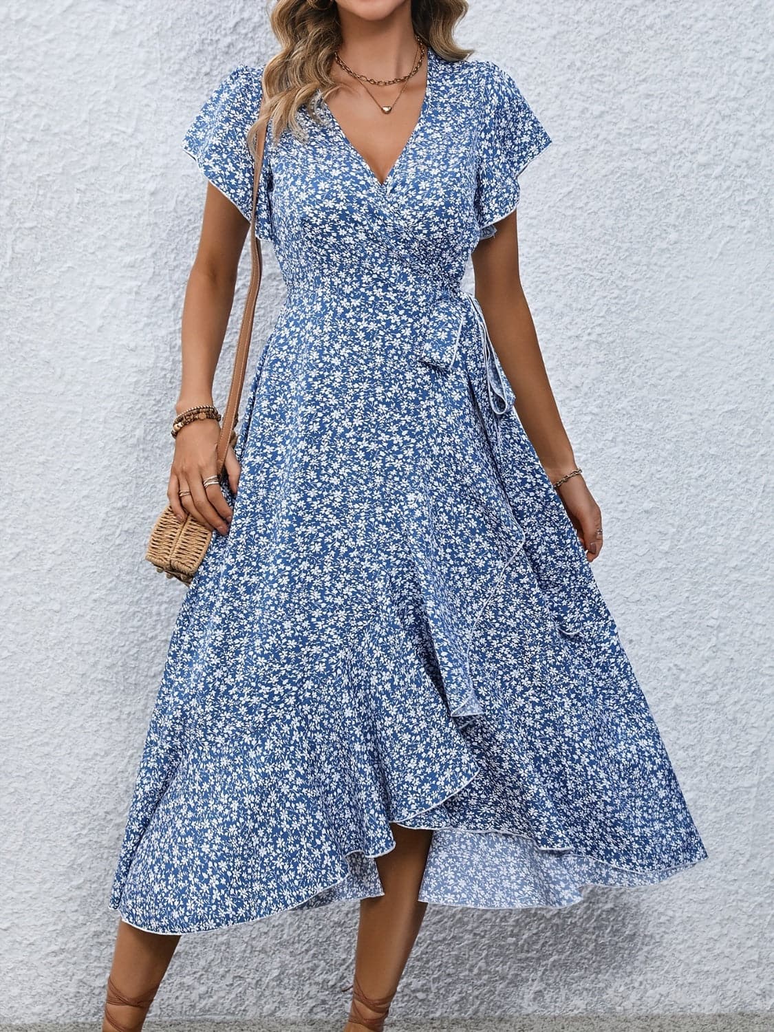 Printed Surplice Flutter Sleeve Midi Dress.