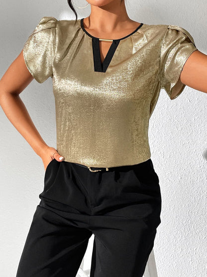 Cutout Round Neck Short Sleeve Blouse.