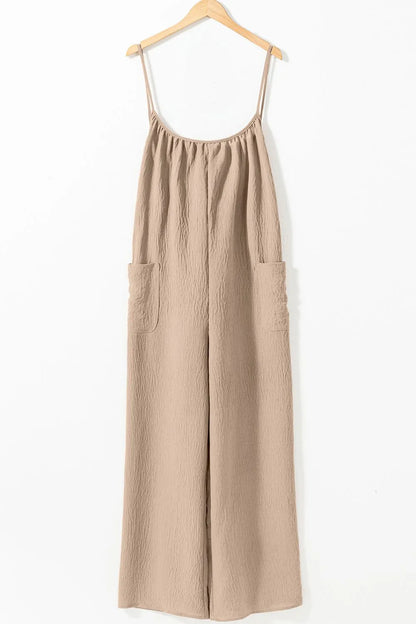 Spaghetti Strap Waist Tie Wide Leg Jumpsuit with Pockets