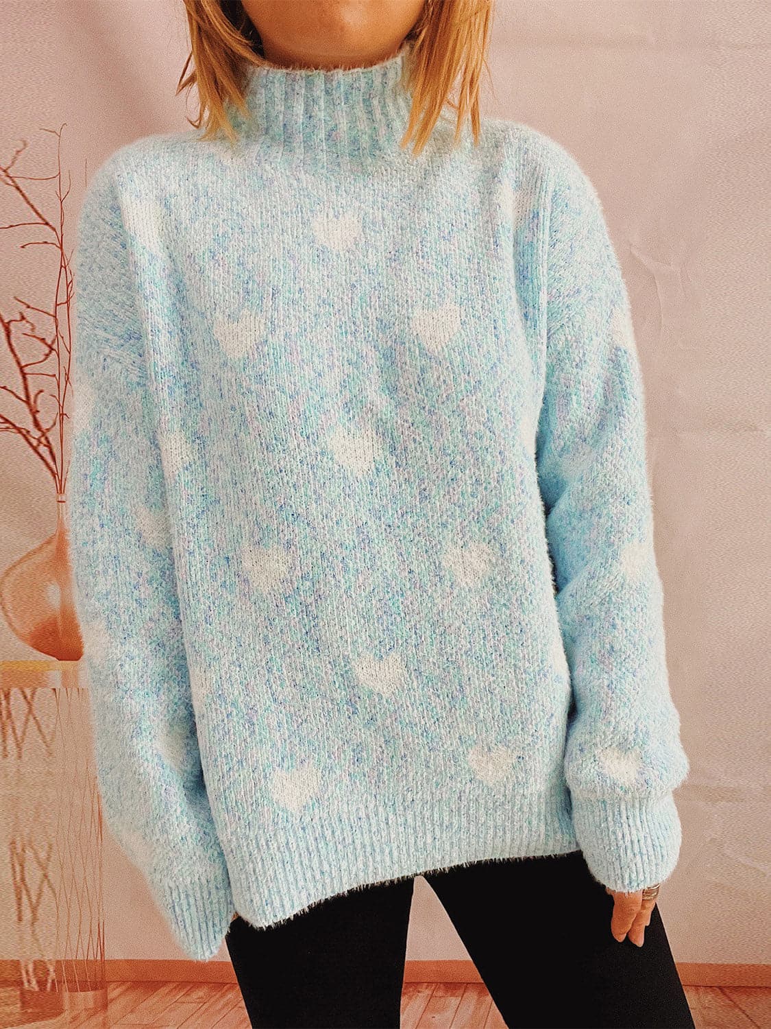 Heart Heathered Turtleneck Drop Shoulder Sweater.