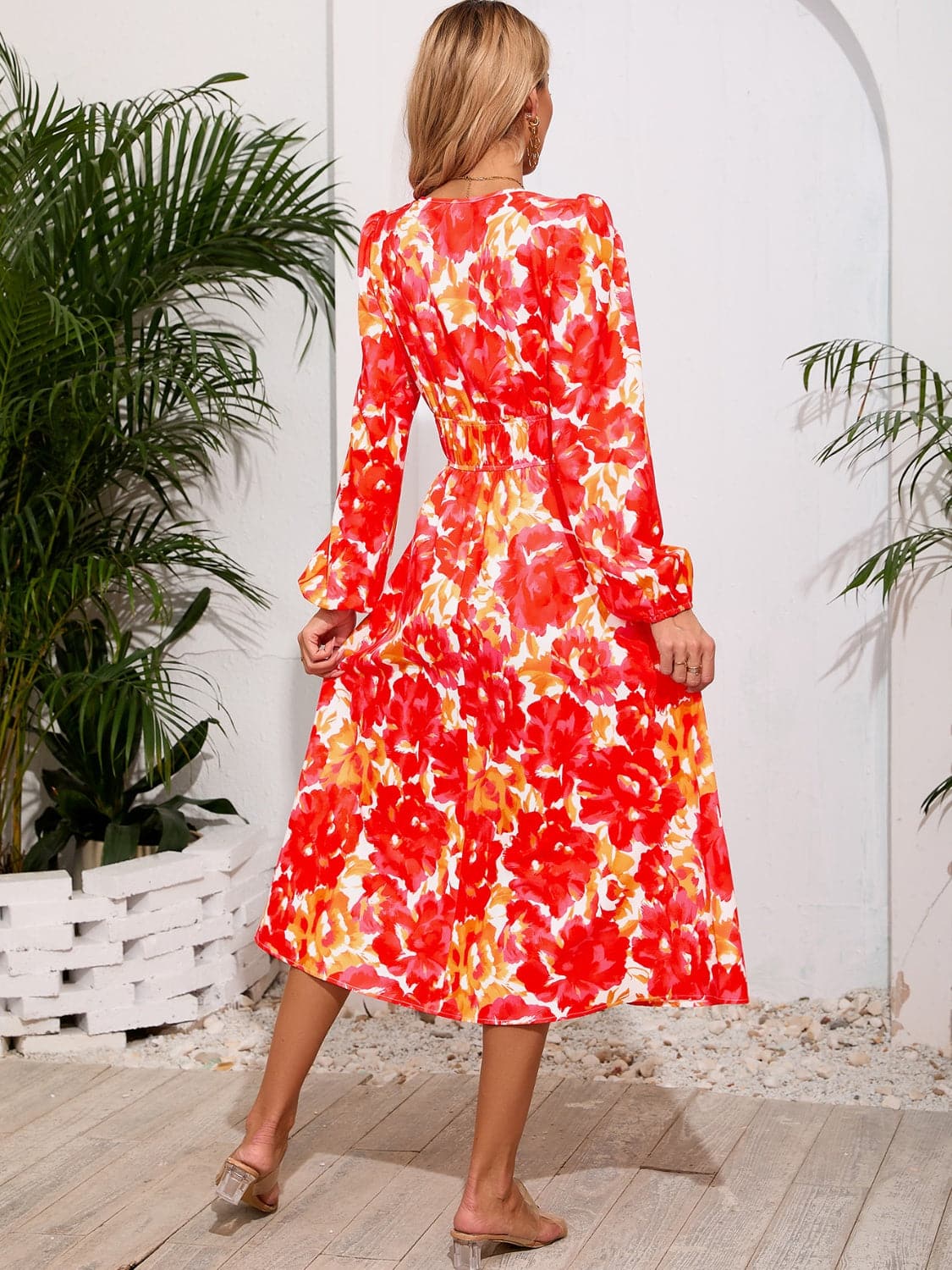 Printed Surplice Long Sleeve Midi Dress.