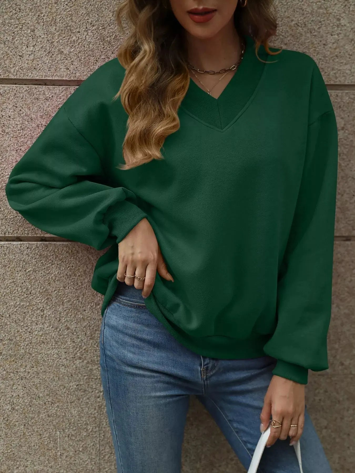 V-Neck Solid Color Casual Sweatshirt Simply Love