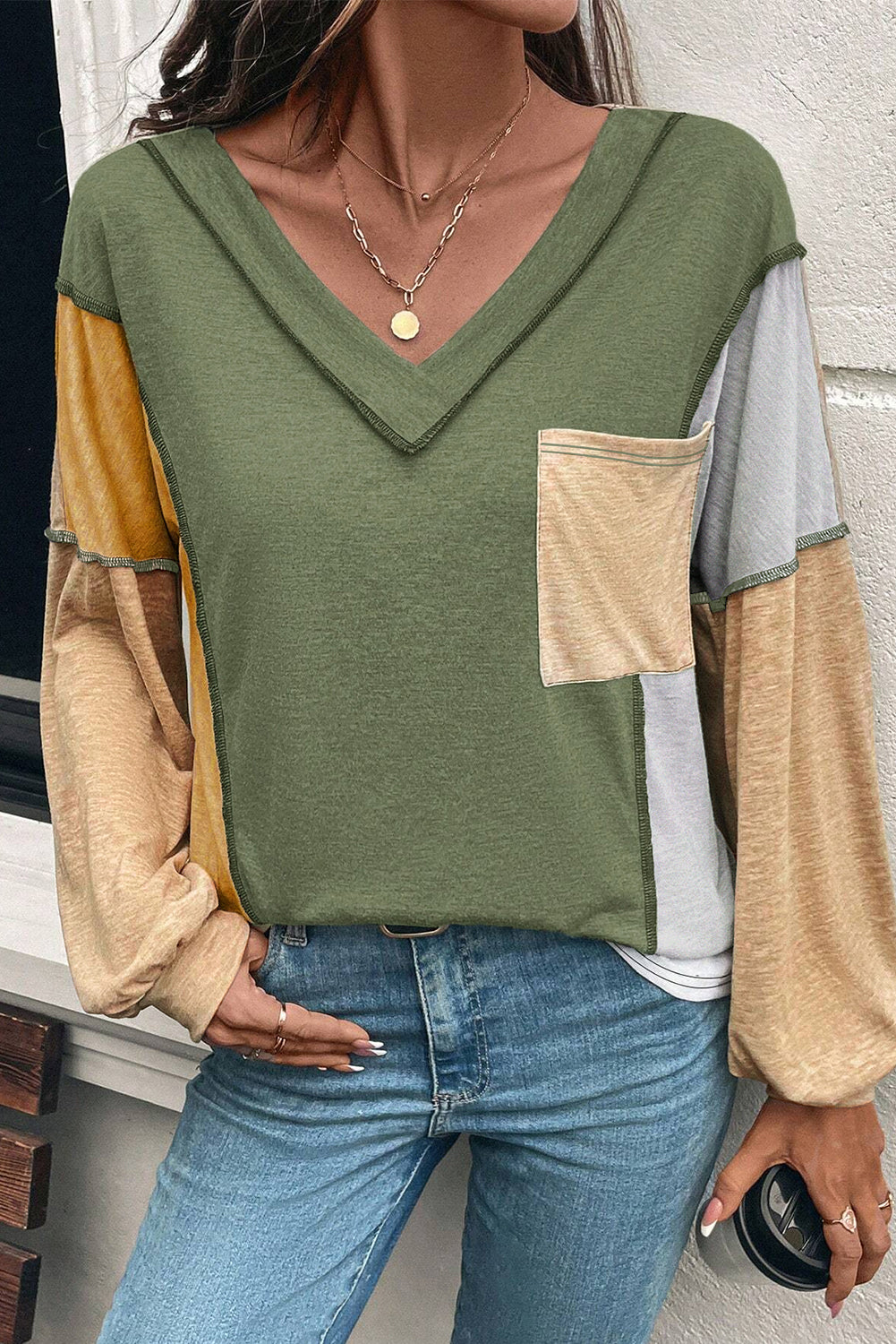 Jungle Green Colorblock V Neck Top Exposed Stitching Dear-Lover Dropshipping