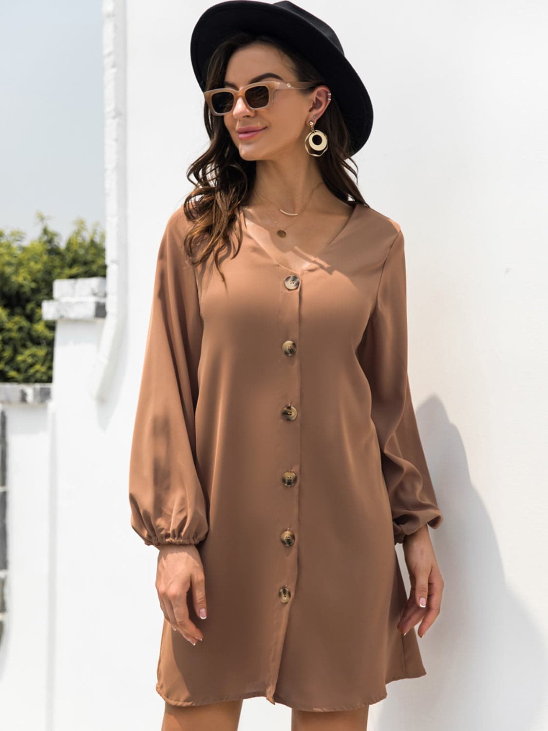 Chic Sheer Mini Dress With V-Neck And Buttoned Detail