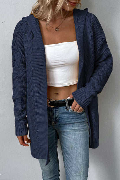 Cable-Knit Dropped Shoulder Hooded Cardigan.