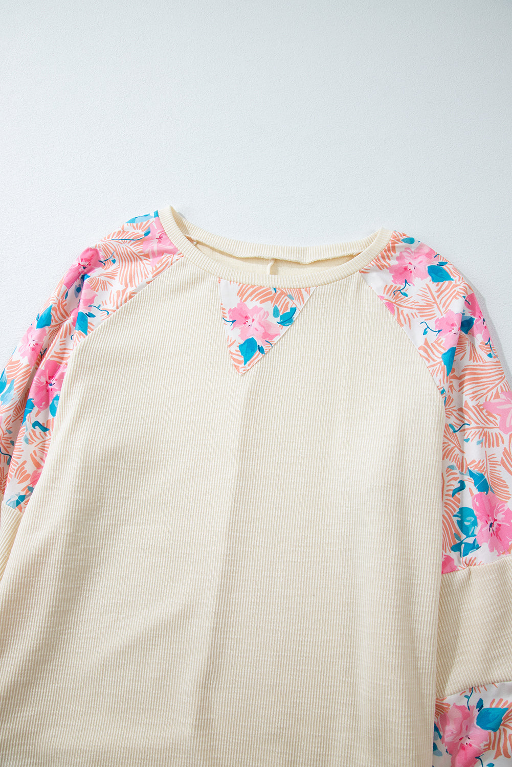 Chic apricot floral patchwork top with puff sleeves for plus sizes