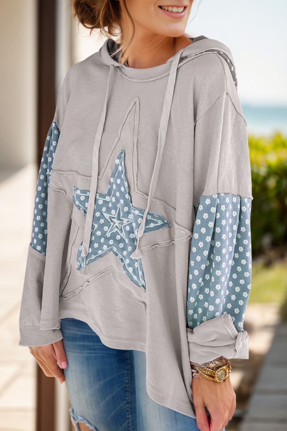 Starry Nights Drawstring Hoodie with Long Sleeves