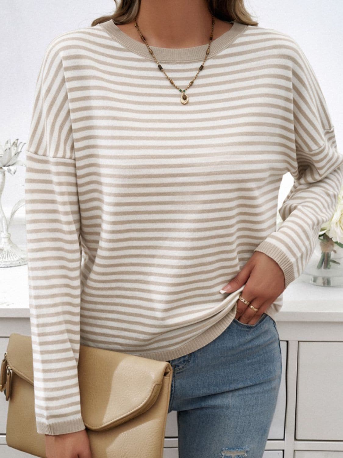 Striped Round Neck Dropped Shoulder Sweater.