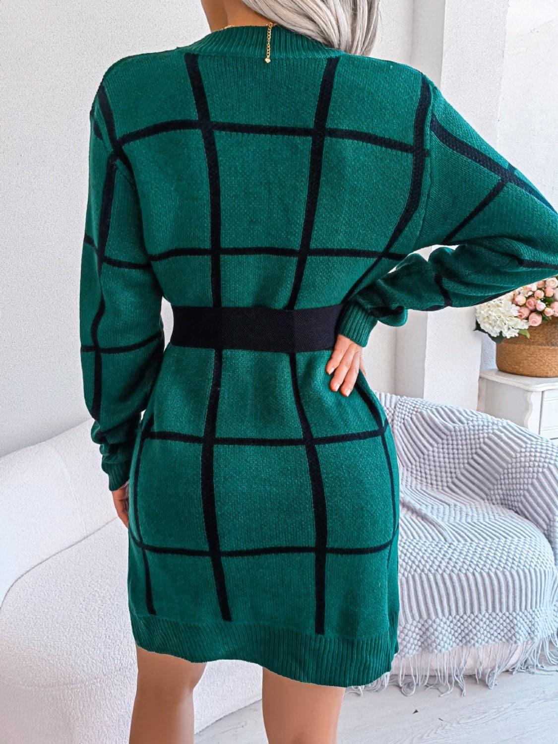 Plaid Round Neck Dropped Shoulder Sweater Dress.