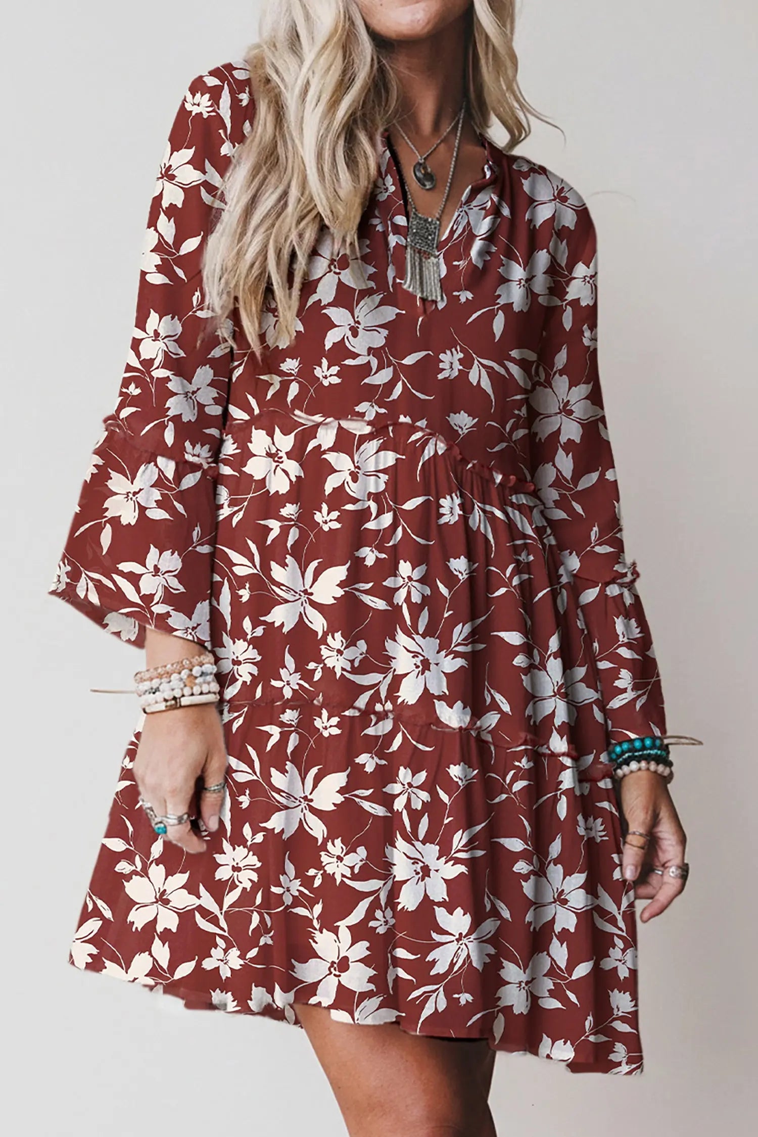 Red Boho Floral Print Lettuce Trim Mini Dress With Three Quarter Sleeves Dear-Lover Dropshipping