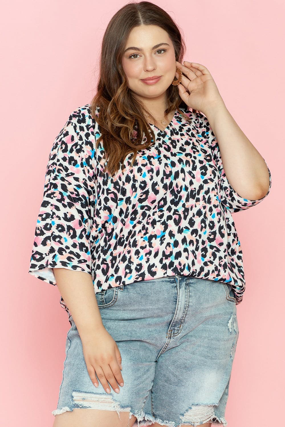 Plus Size Leopard V-Neck Three-Quarter Sleeve Blouse.