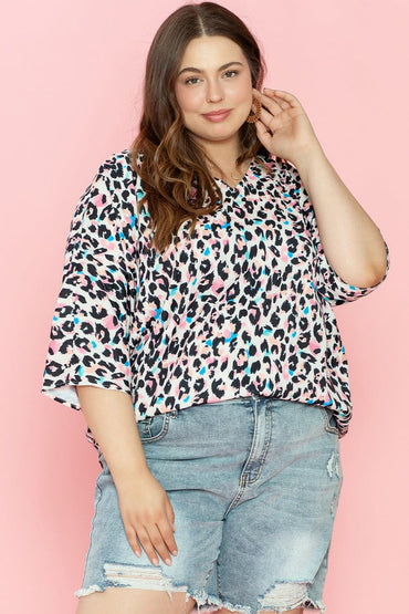 Plus Size Leopard V-Neck Three-Quarter Sleeve Blouse.