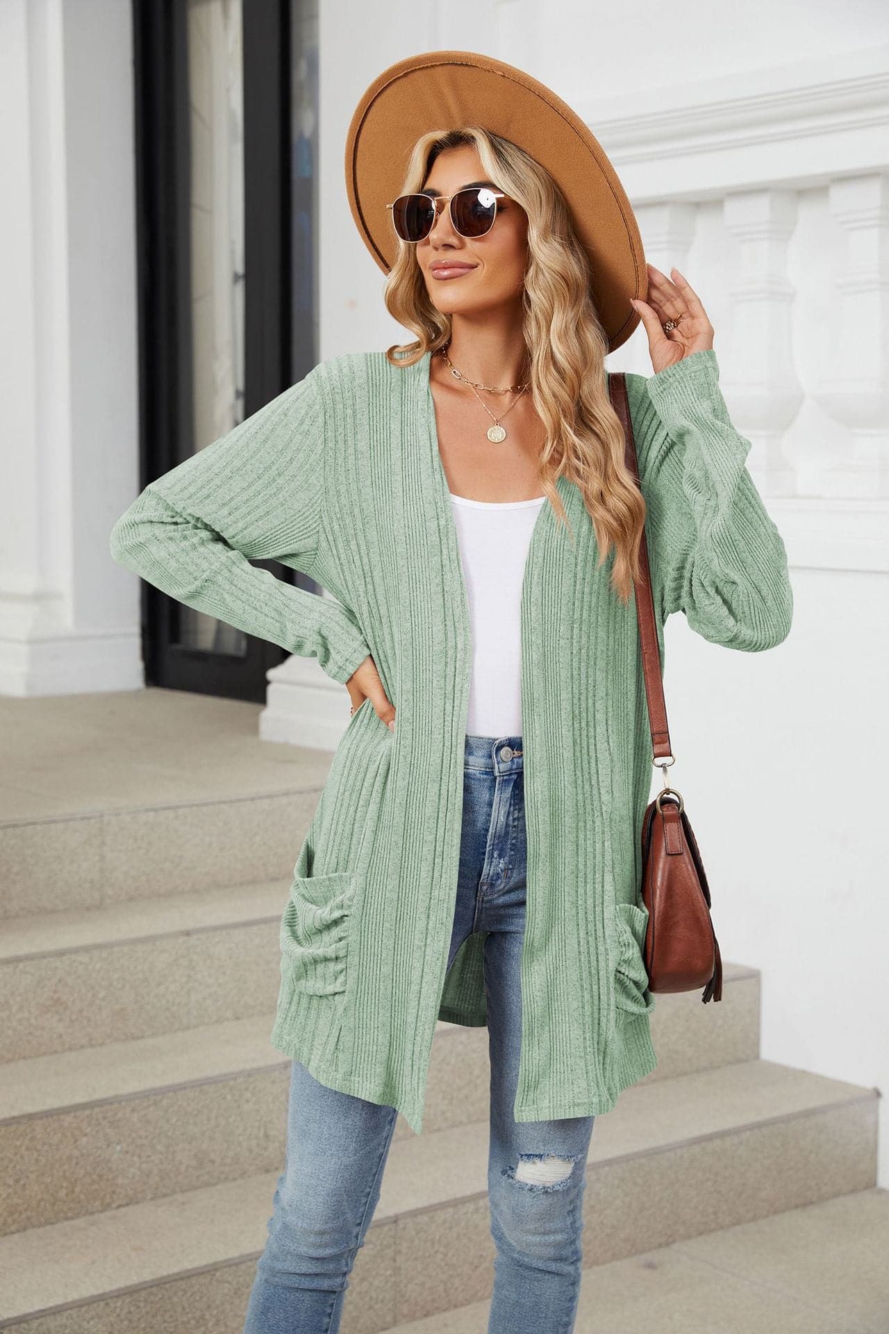 Pocketed Open Front Long Sleeve Cardigan.