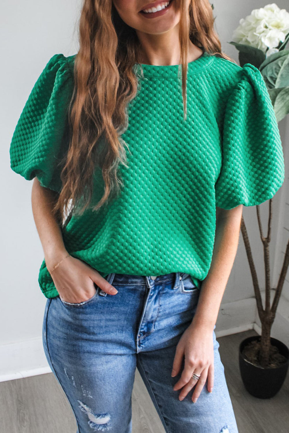 Sea Green Solid Textured O Neck Puff Sleeve Blouse Stylish