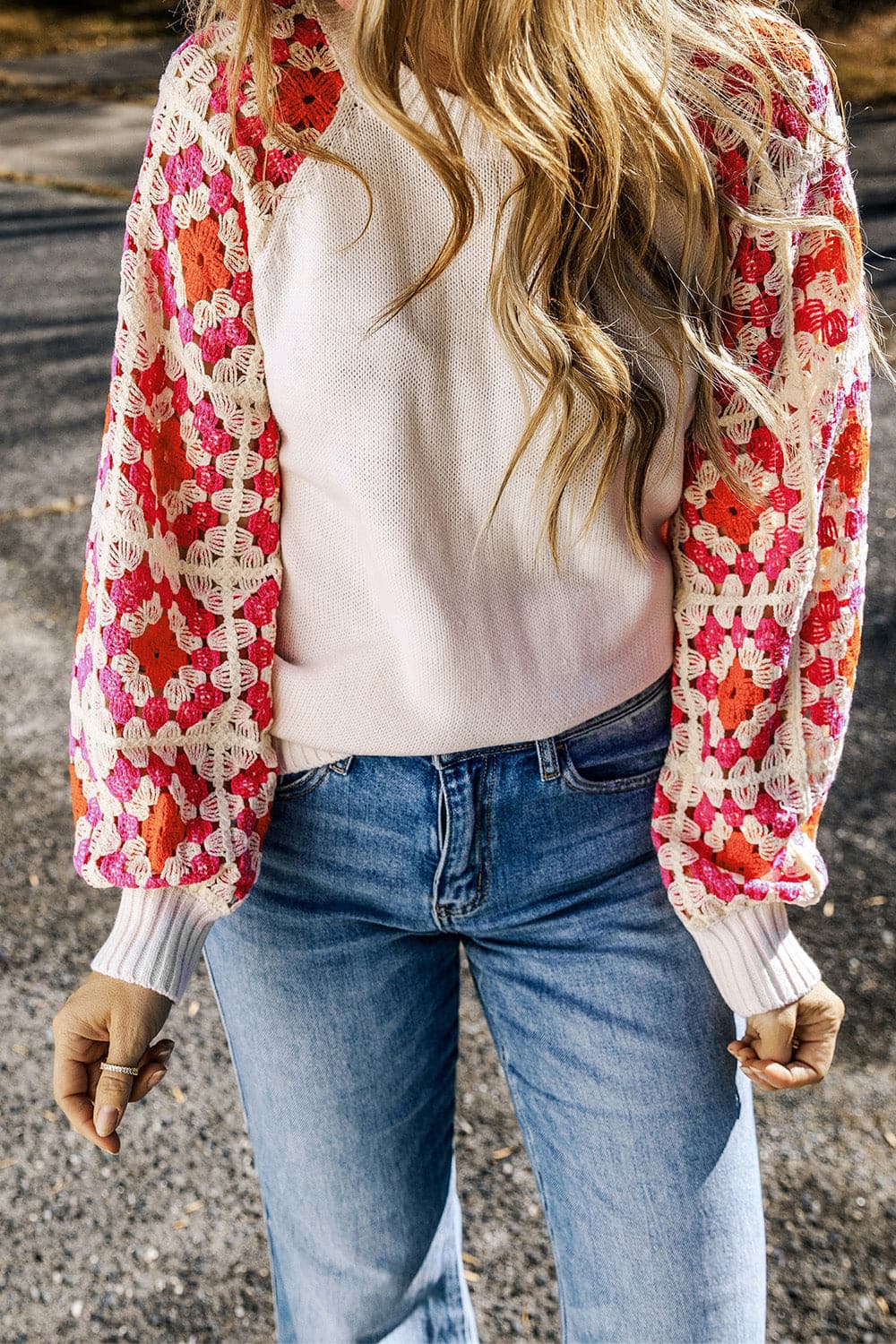 Flower Element Openwork Round Neck Sweater.