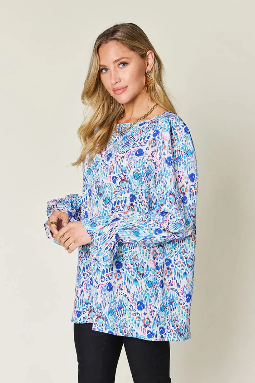 Double Take Full Size Printed Flounce Sleeve Blouse - Love Salve