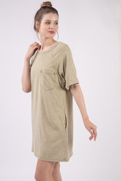 VERY J Washed Round Neck Mini Tee Dress.