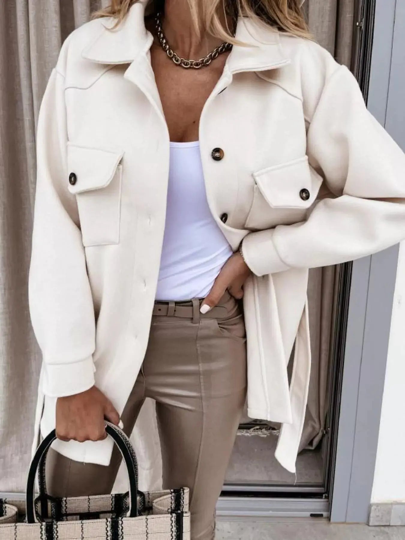 Button-Down Tie Waist Coat Simply Love