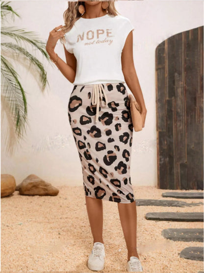 Letter Round Neck Cap Sleeve Top and Leopard Skirt Set