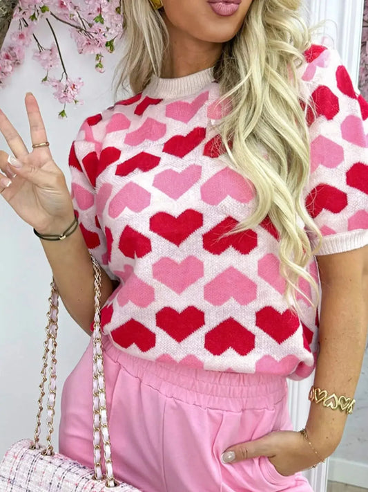 Heart Print Short Sleeve Sweater Simply Love