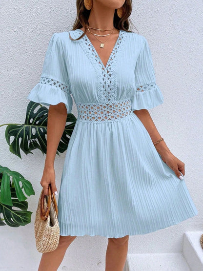 Cutout V-Neck Flounce Sleeve Mini Dress.