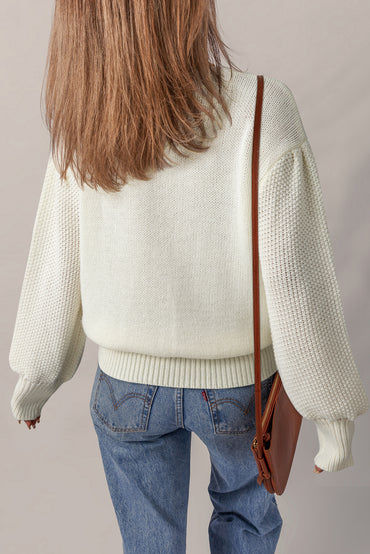 White Flower Round Neck Textured Puff Sleeve Sweater