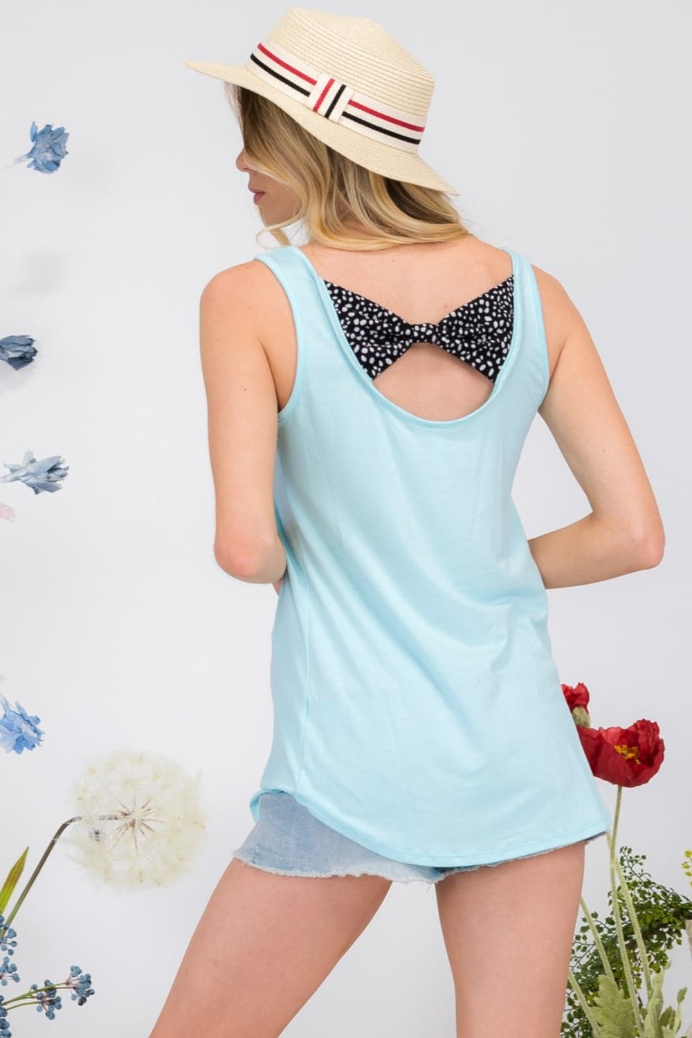 Celeste Full Size Back Contrast Bow Tie Tank.