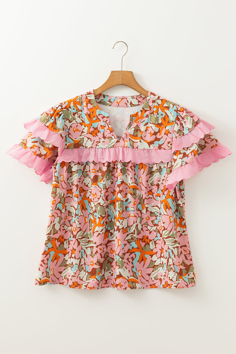Multicolour Floral Tiered Ruffled Short Sleeve Blouse for Women